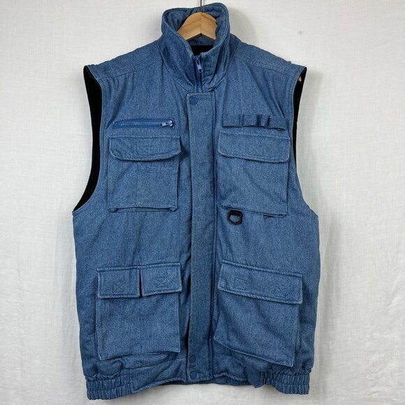 Vintage Stag Hill Denim Fleece Lined Utility Vest Men M Oversized Baggy Full Zip - Picture 1 of 10